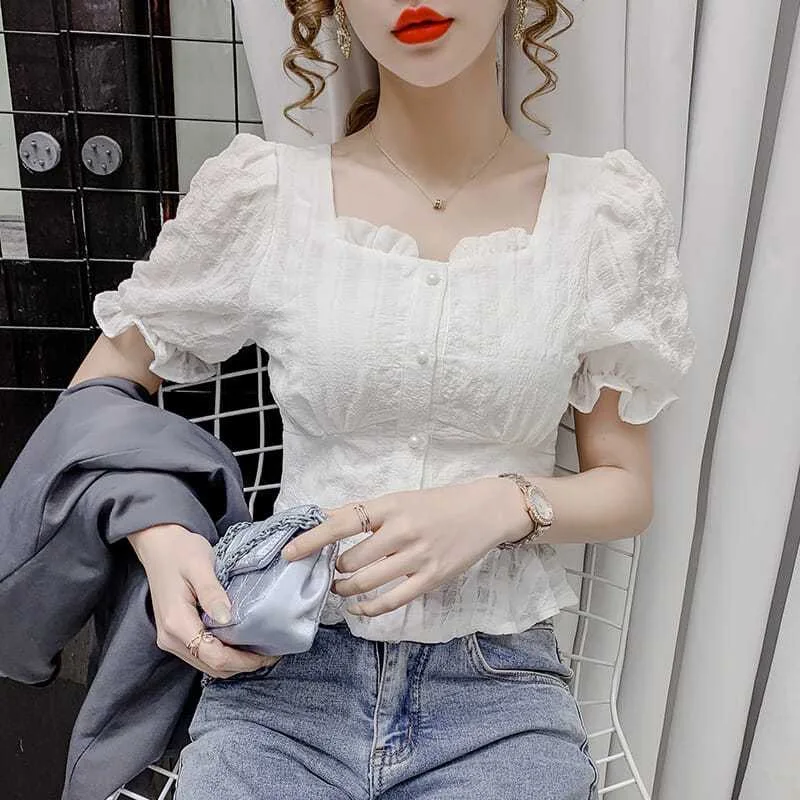 2024 New Top For Women Frill Button Up Women's Shirts And Blouses Chiffon Clothing With Puffy Sleeves Ruffle White Offer Korean