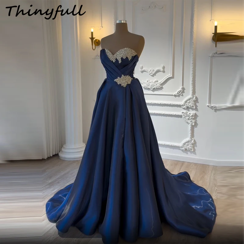 

Thinyfull A-line Island Satin Prom Dresses Sweetheart Sleeveless Crystal Evening Gown Special Dress Robe De Soirée Customized