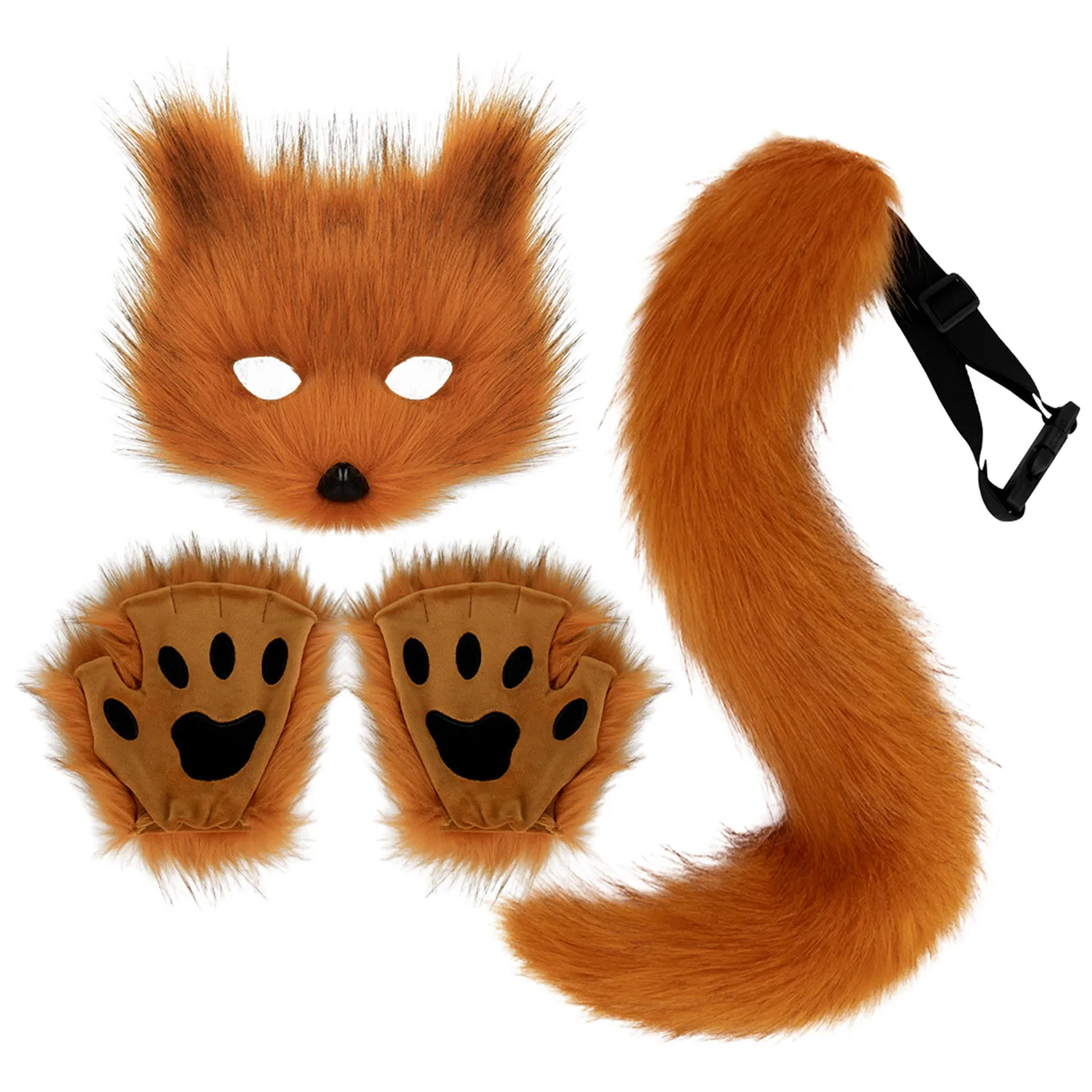 Porte-clés Queue de Renard en Fourrure Moelleuse, Gants de Pattes de Chat et Masque Therian de Loup, Accessoires de Costume de Cosplay d'Halloween