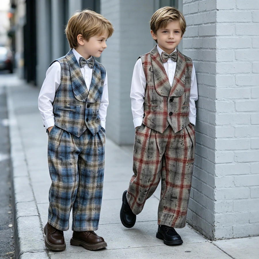Vintage Plaid Boys Peak Lapel Vest Suit White Shirt Bow Tie Wide Pants Kids Retro Photo Birthday Gentleman Light Formal Outfit