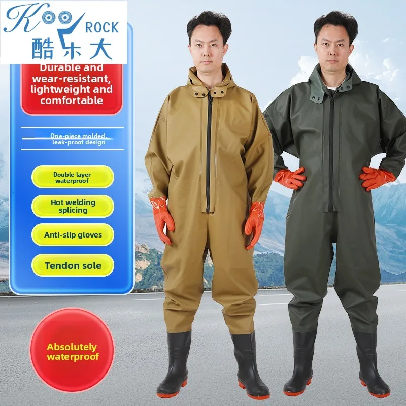 Neck-High Full Body Waterproof Wader Winter Fishing & Hunting Clothes with Integrated Rain Boots & Gloves