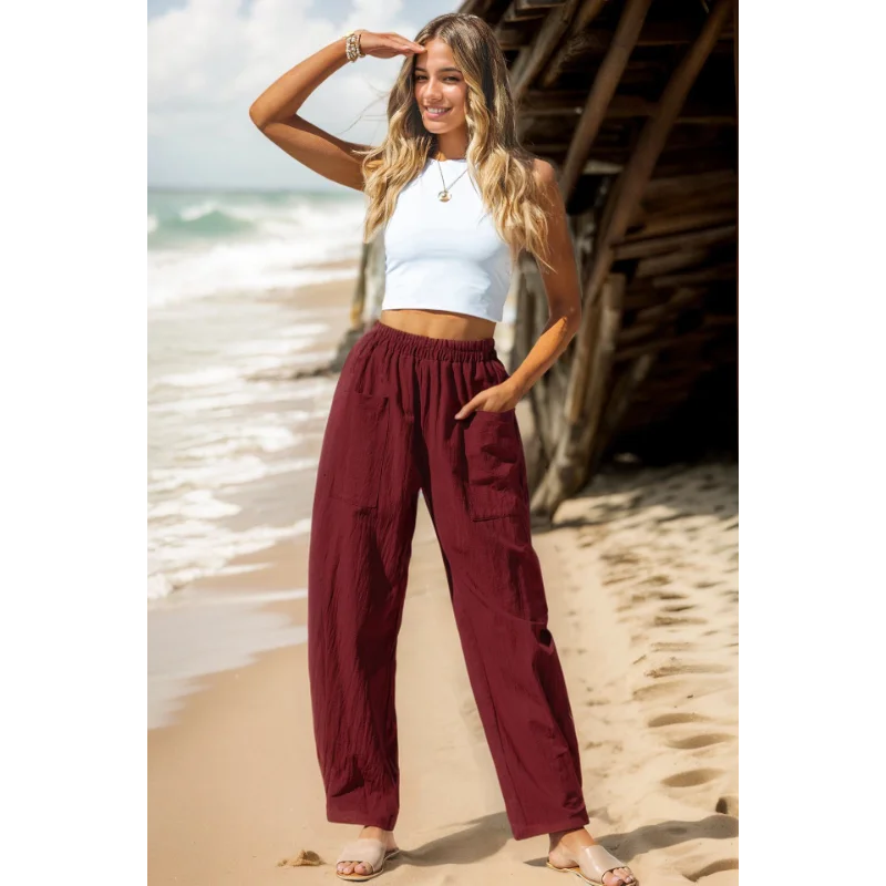 المرأة 2025 المرأة القطن الكتان سراويل تقليدية منتجع نمط مرونة الخصر الموز السراويل حقيبة البضائع #4