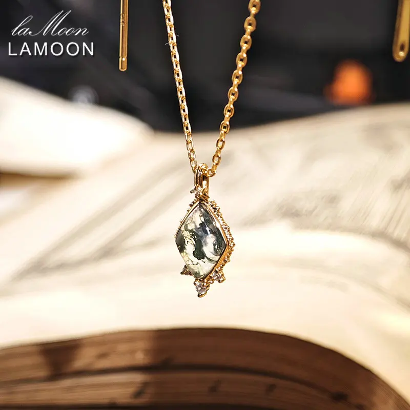 

LAMOON Vintage Moss Agate Gemstone Pendant Necklace For Women Elegant 925 Sterling Silver Gold Plated Party Fine Jewelry Gift