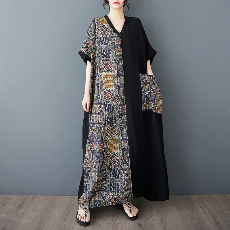 

Summer New plus Size Long Cotton Linen Print Slim V Ne ort Sve Color Blo Bla Dr Batwing Sve Casual Sle