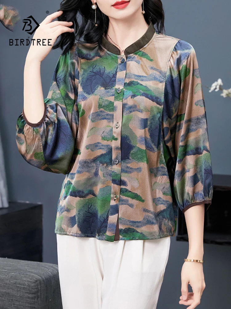 

BirdTree, 92%Real Silk Elegant Shirts, Women Long Sleeve Stand Printed, Loose Mom Retro Versatile Blouses, 2024 Summer T44889QC