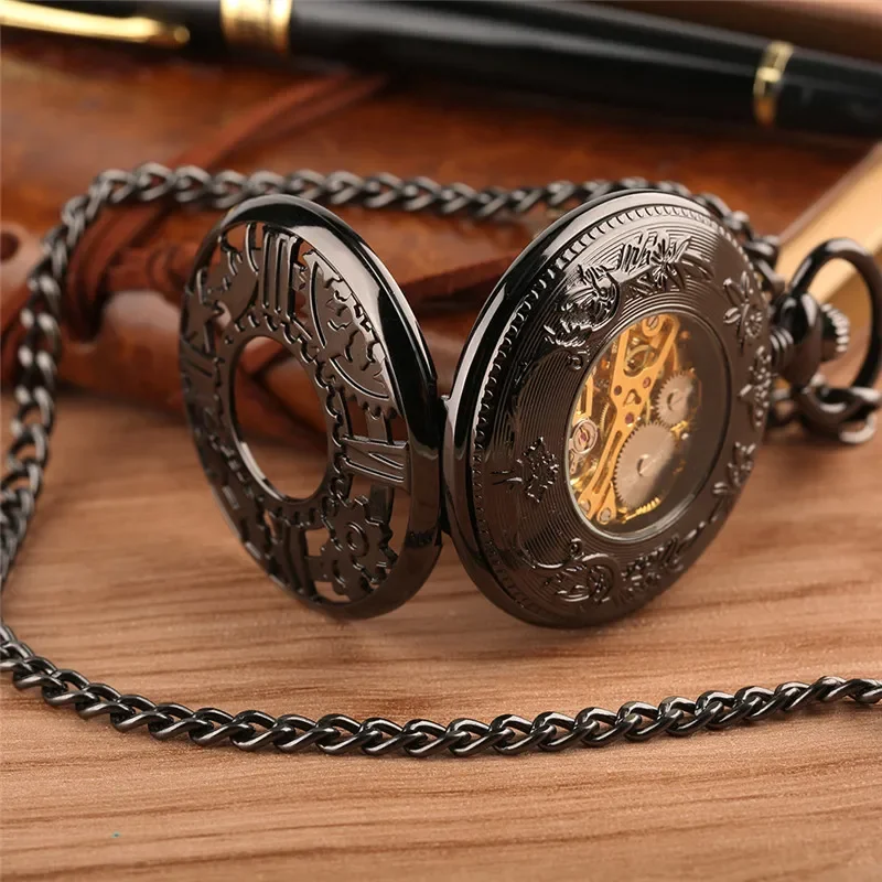 Antique Hollow Out Gear Case Men Women Handwinding Mechanical Pocket Watch Pendant Chain Skeleton Clock Roman Numeral Timepiece