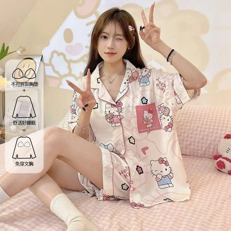 New Kawaii Snoopy Pajamas Summer Thin Cool Ice Silk Short Sleeves Tudents Can Wear Home Clothing Sets Externally Gift For Girls