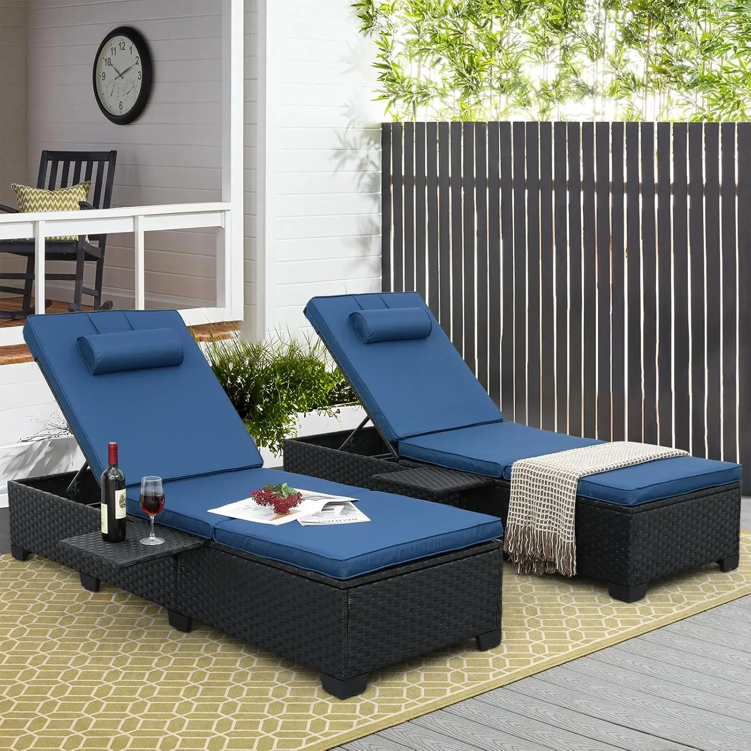 

Уличные шезлонги для патио, комплект из 2 плетеных кресел-реклайнеров из черного ротанга, для загара, на заказ