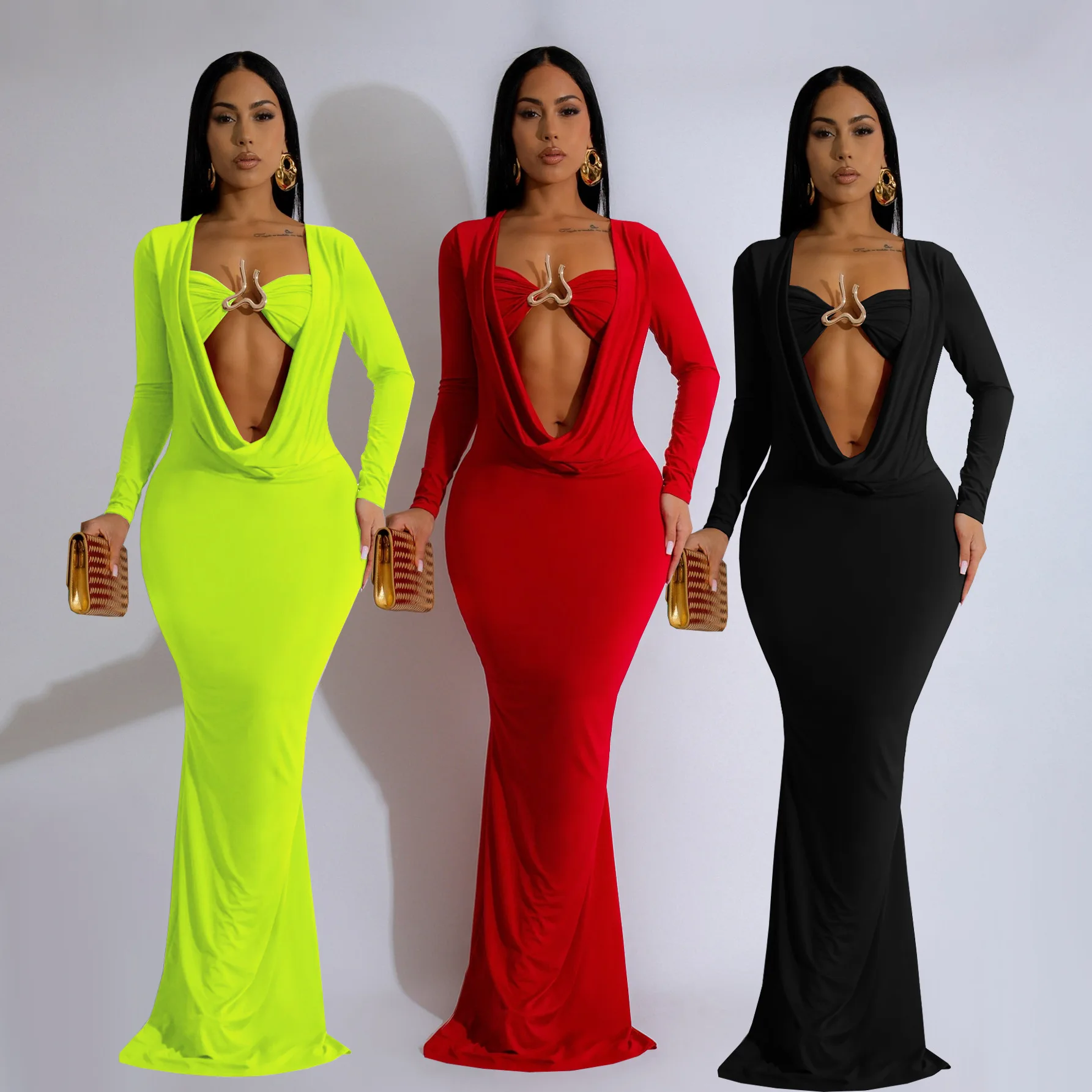 TW570 Style Temperament Dress Deep V Neckline Pendant Pleated Long Sleeve Sexy Hip Wrap Dress