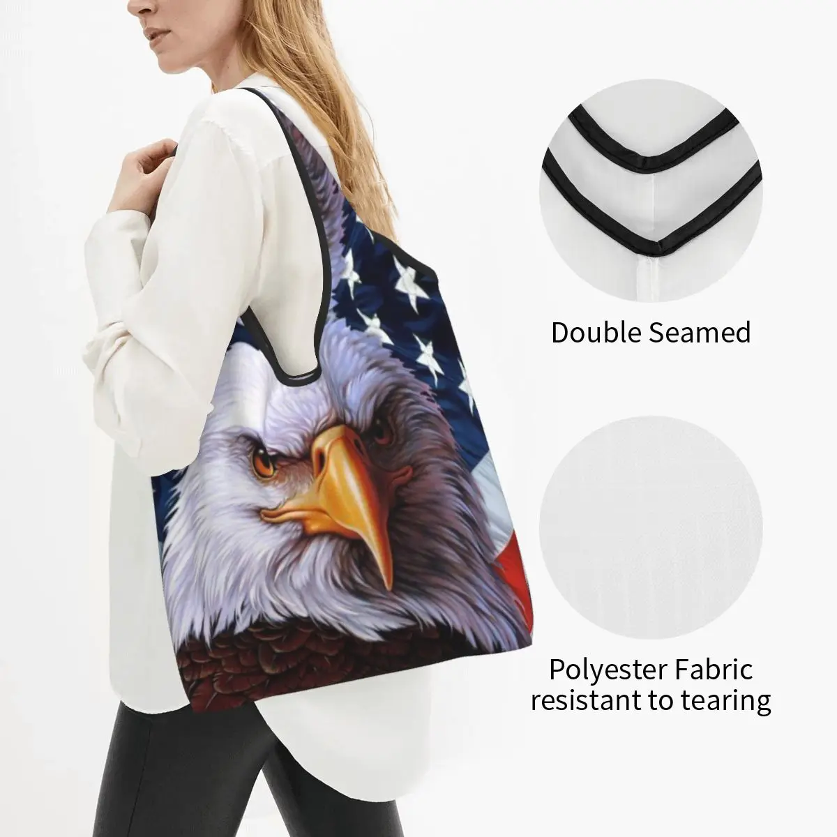 American Bald Eagle Groceries Tote Shopping Bag Women Fashion USA Flag Shopper Shoulder Bags Big Capacity Handbags