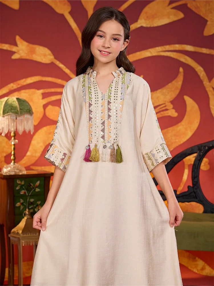 Ragazze Dubai Abaya Ramadan Musulmano Bambini Abito lungo Ricamo Abiti da festa Eid Djellaba Marocco Caftano Turchia Robe Islam Jalabiya