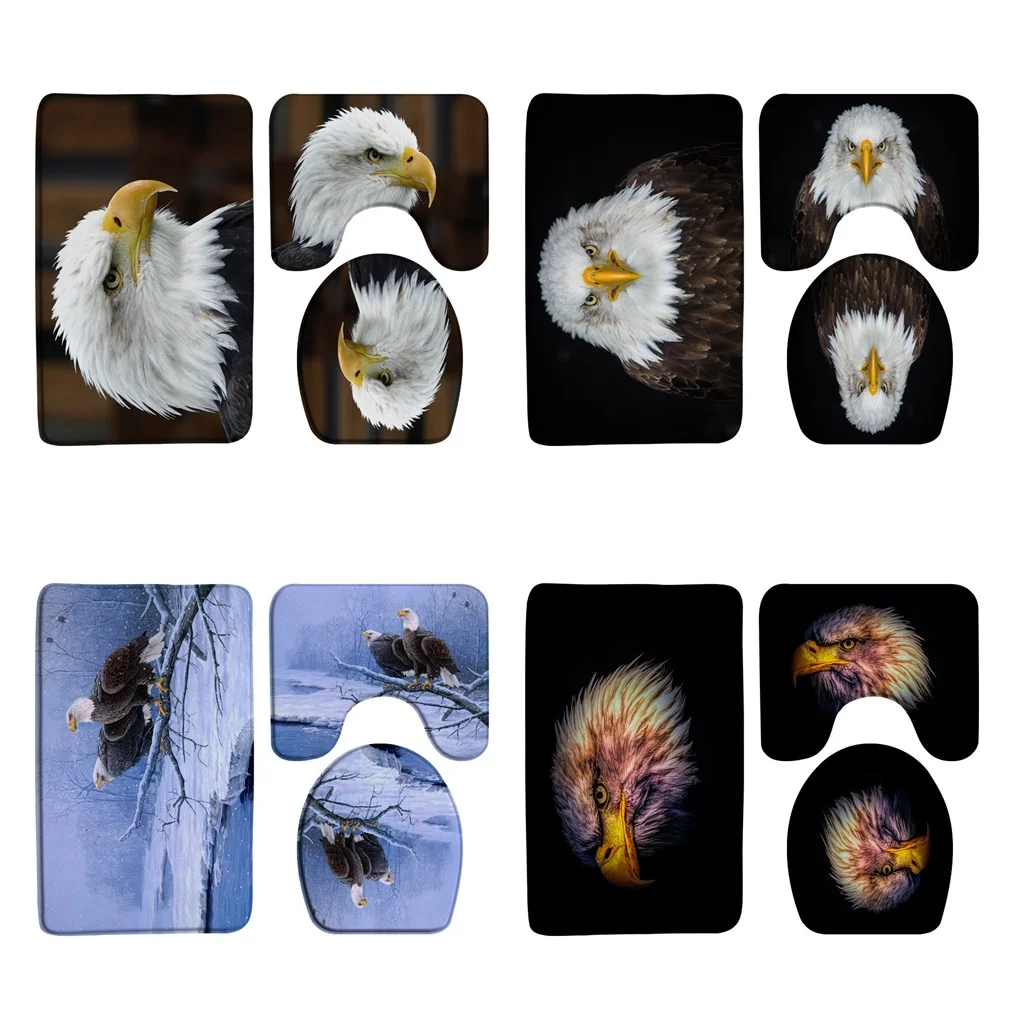 

3Pcs Bald Eagle Bathroom Rug Sets Absorbent Bath Mat Snow Mountain Aniaml Birds Nature Scenery U-Shaped Contour Toilet Lid Cover