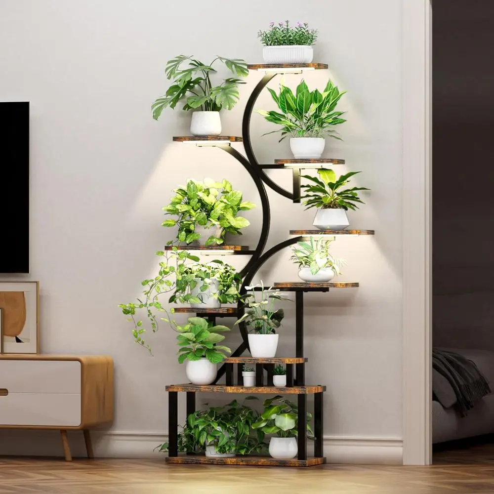 

10-Tier Indoor Metal Plant Stand with 5 LED Lights, S-Shaped Design for Home, Office, Patio