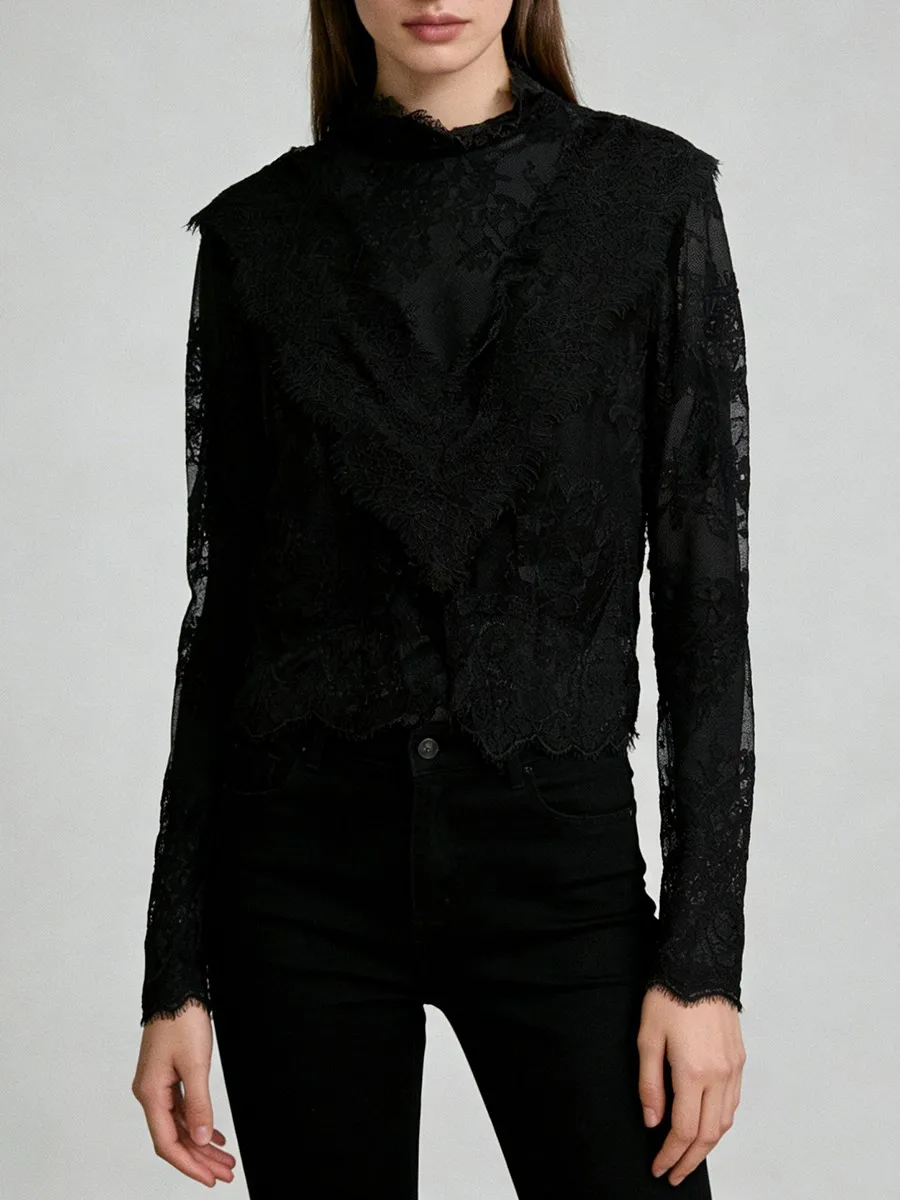 Twotwinstyle sólido emagrecimento sheer emendado rendas blusas sexy para mulheres gola mangas compridas retalhos babados blusa feminina
