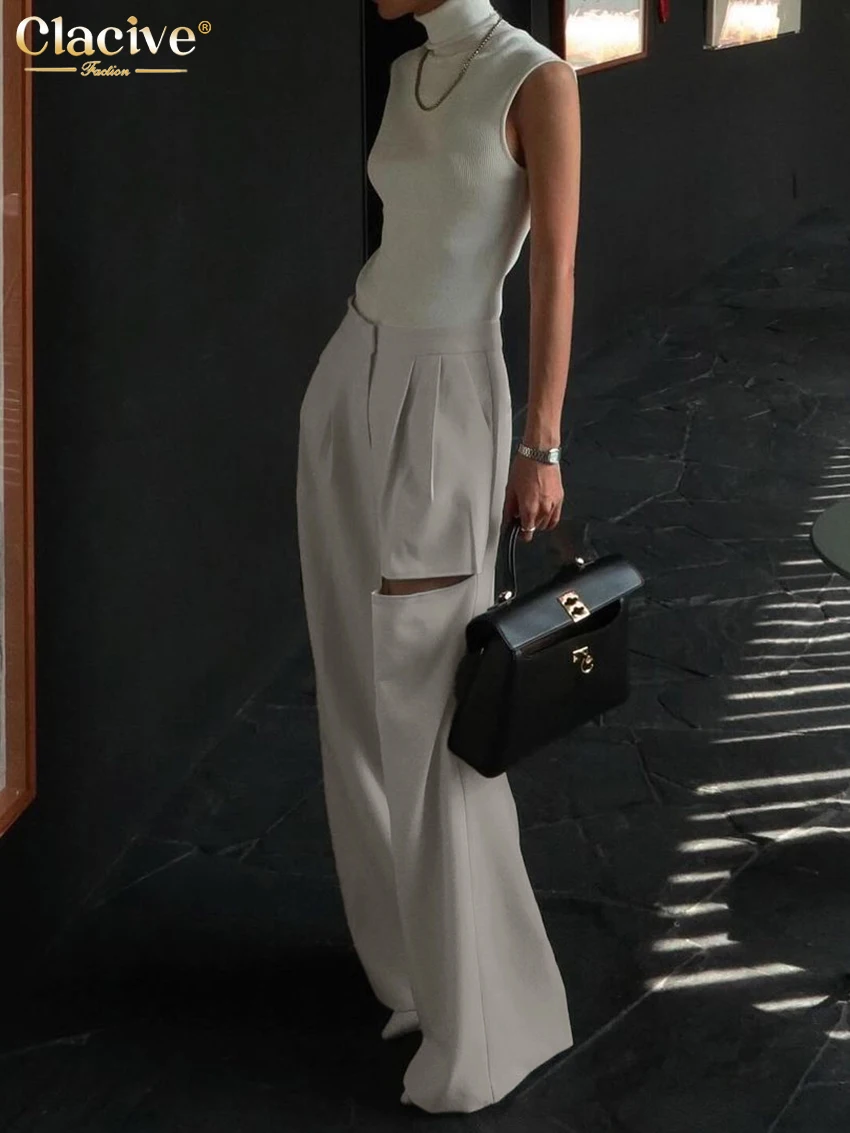 Clacive Fashion Loose Gray Women's Pants 2025 Casual High Waist Wide Leg Pants Elegant Hollow Out Full Length Trousers Female
