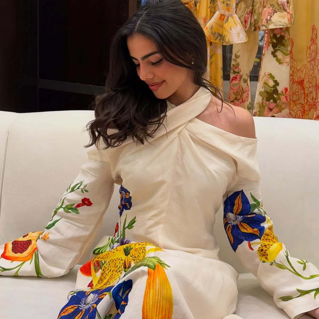 Limited-time Discount! Spot Women's 2026 New Elegant Fashion Positioning Bright Printed Cross Neck Off-the-Shoulder Dress Long
