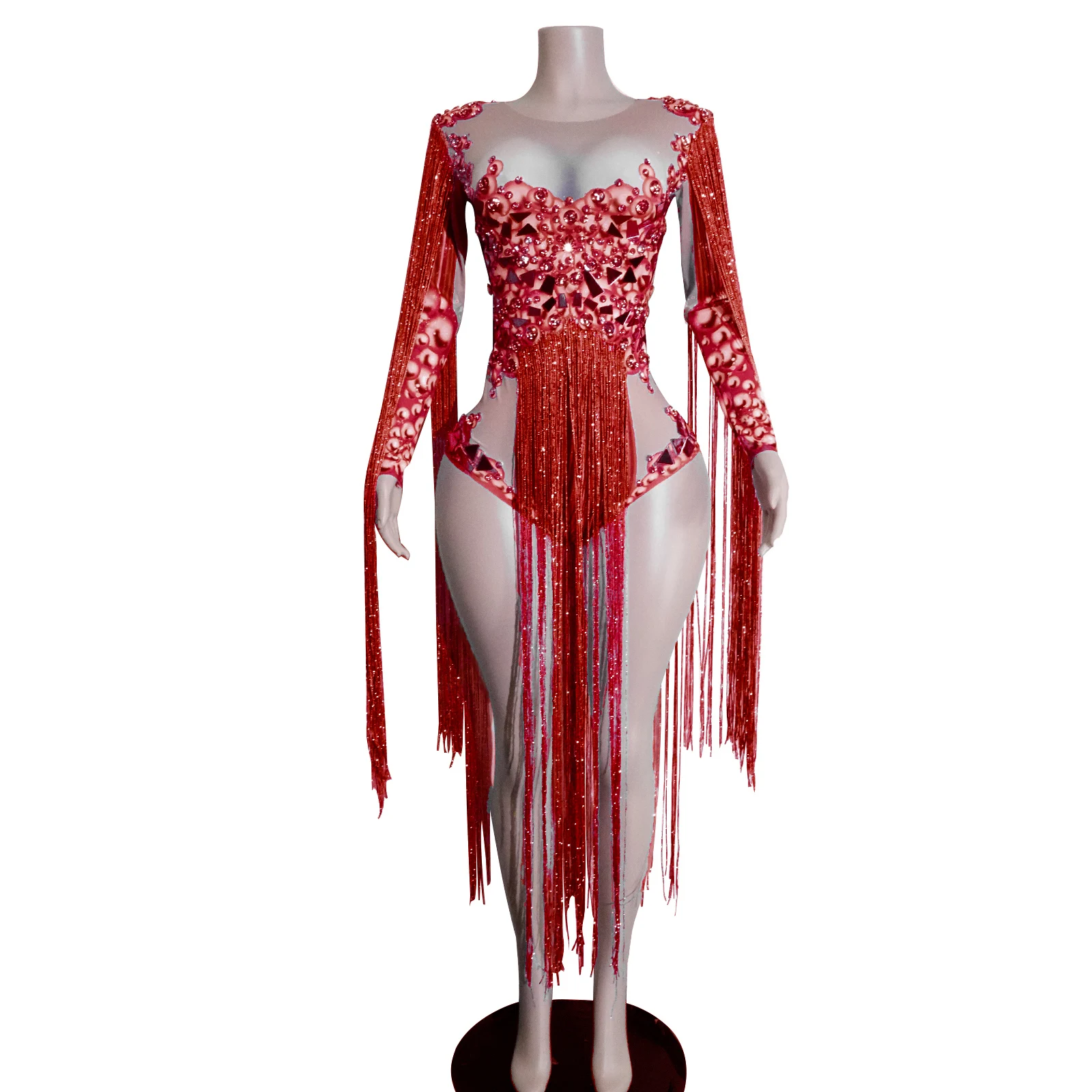

Sexy Red Purple Fringed Mirror Rhinestone Print Bodysuit Party Nightclub Dance Singer Stage Performance Festival Show Dj Costume