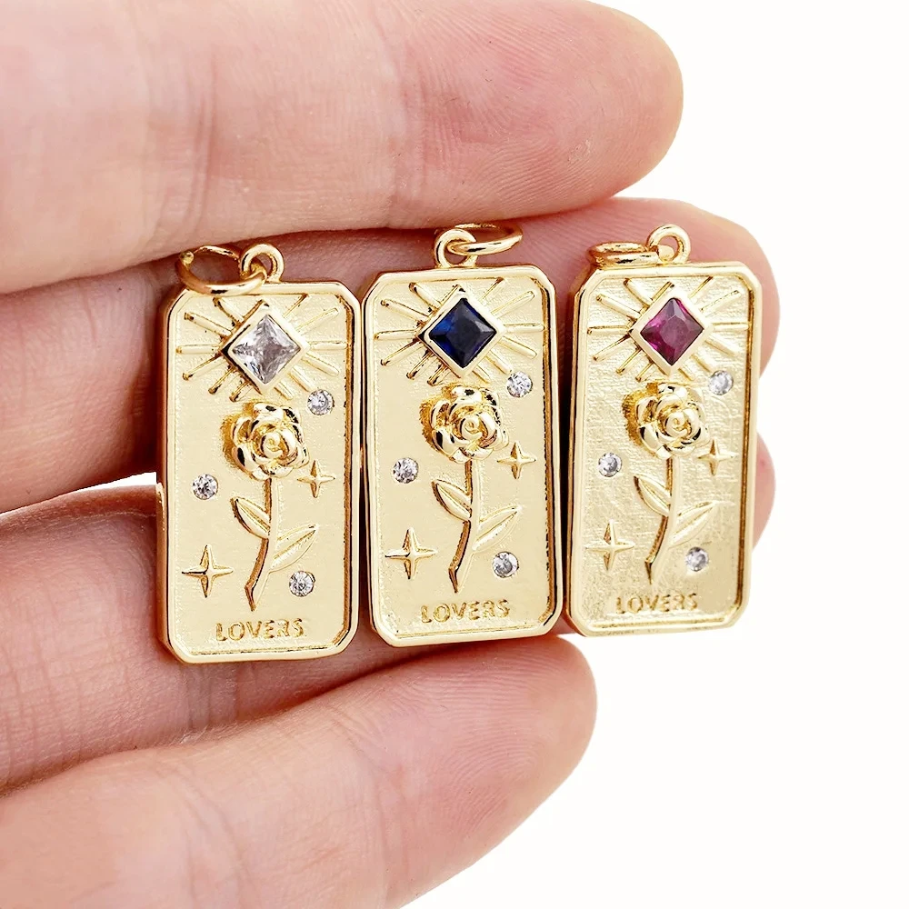 New Rectangle Medal Sun Moon Pendant Colorful CZ Gold Plated Metal Tarot Crads Charms For Women DIY Necklace Jewelry Making