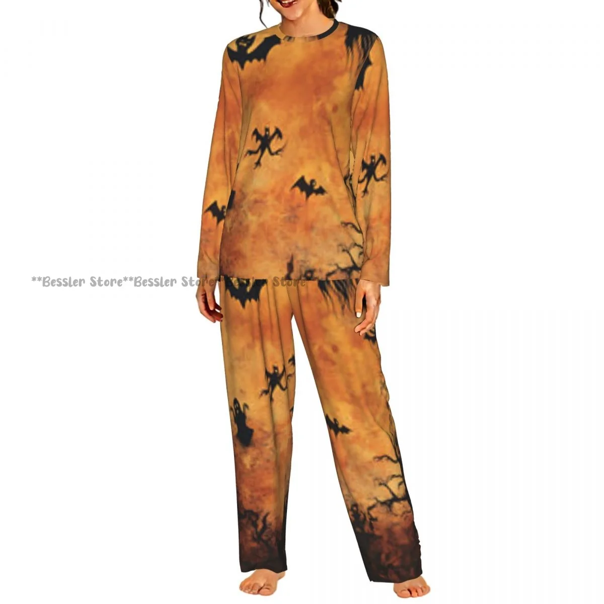2 Piece Loungewear Women Pajama Sets Ghostly Figures Soft Homewear Sleepwear Long Sleeve Nightwear