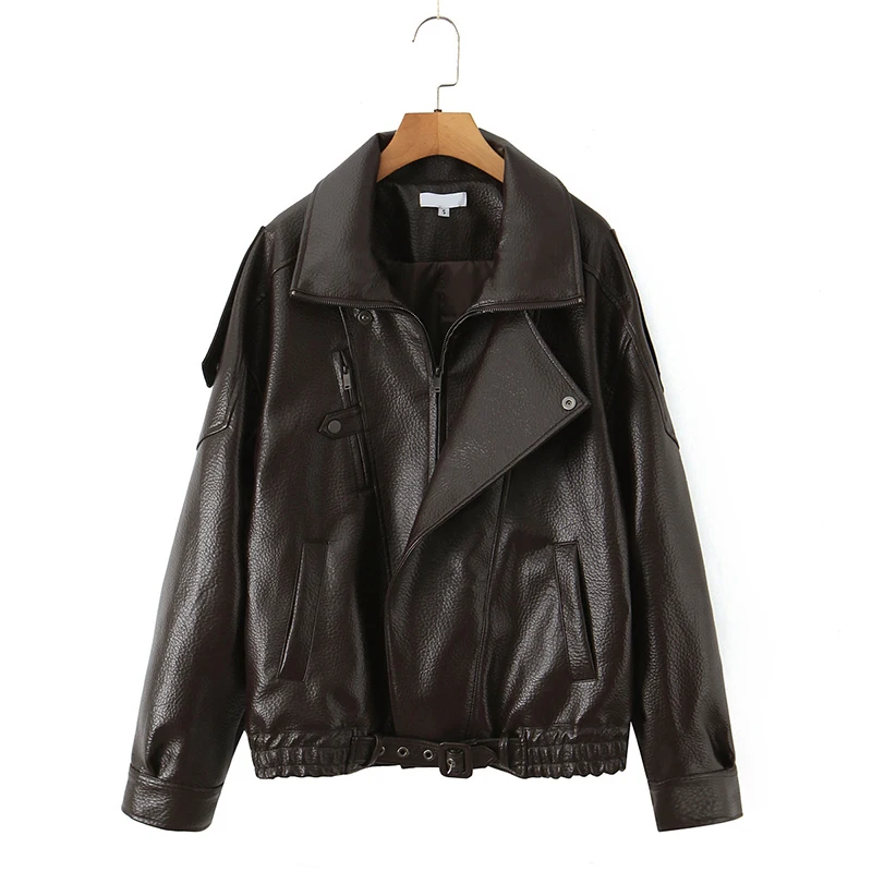 

YENKYE 2025 Women New Fashion Retro Faux Leather Motorcycle Jacket Front Zipper Long Sleeve Lapel Collar Autumn Winter Coat