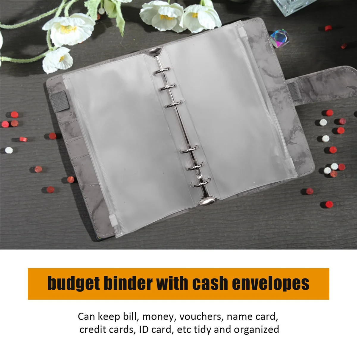 Couverture de classeur en PU avec poches, système d'économie d'argent, enveloppes de trésorerie, sacs en cuir chevelu adt, classeur projecteur à 6 anneaux, A