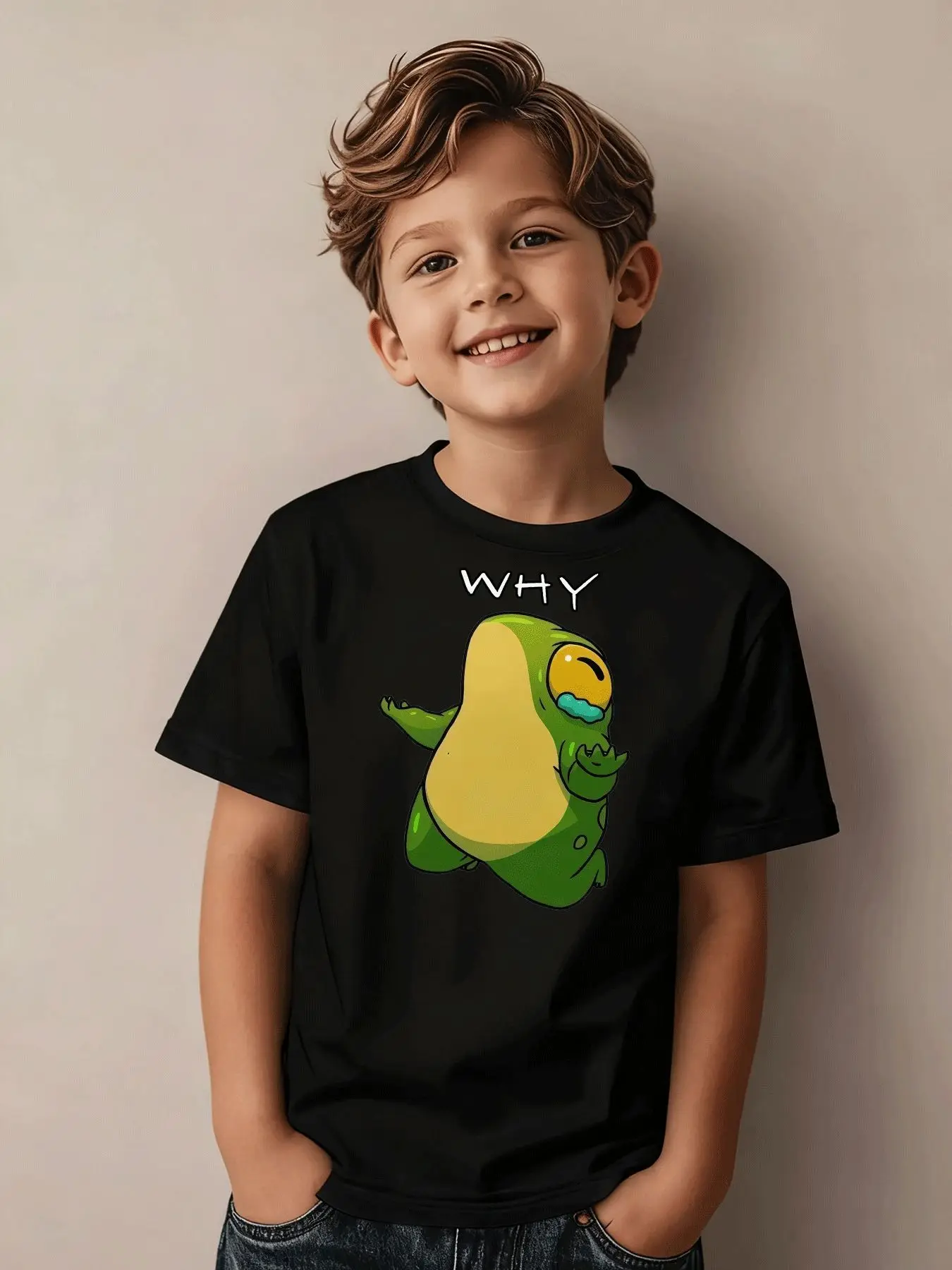 Children's Casual T-shirt Cartoon Avocado Character WHY Printed T-shirt Daily Street Style Parent-child Outfit