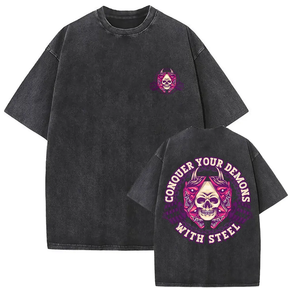 

Conquer Your Demons with Steel Skeleton Funny Gym Pump Cover T-shirt Washed Vintage Men Women Fitness Workout Bodybuilding Tees