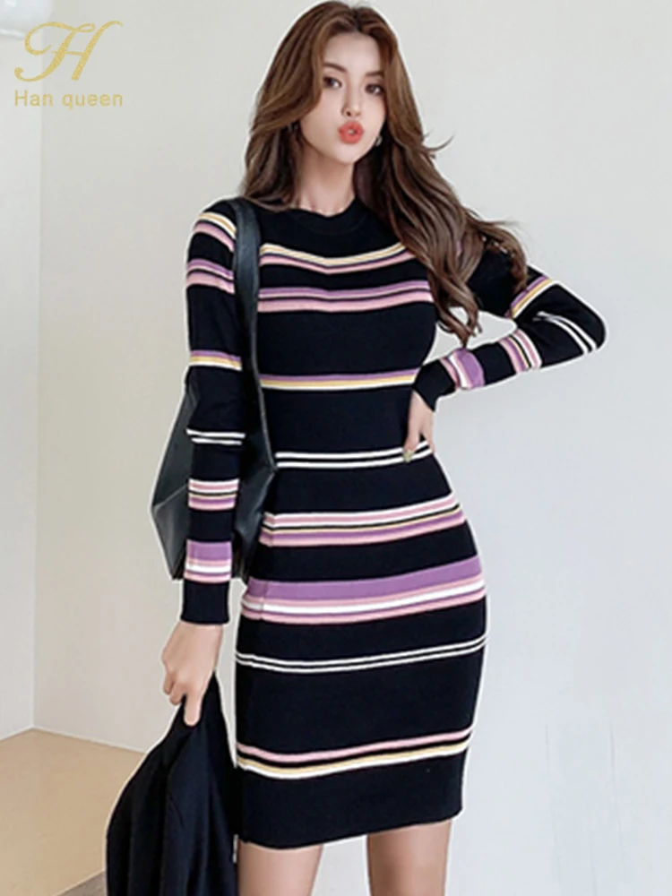 H Han Queen Korean Elegant Stripe Office Pencil Stretch Knitted Dress Women Autumn Winter Sheath Dresses Work Bodycon Vestidos