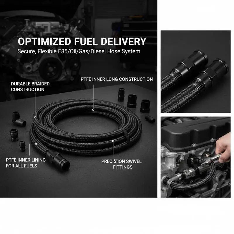 PTFE Fuel Hose Kit 25FT For Engine Repair Vehicle Modification Racing Fuel System Upgrade 5/16 Inch Nylon Braided Line Oil Gas Diesel Universal Swivel Fitting Adapter Kit Black