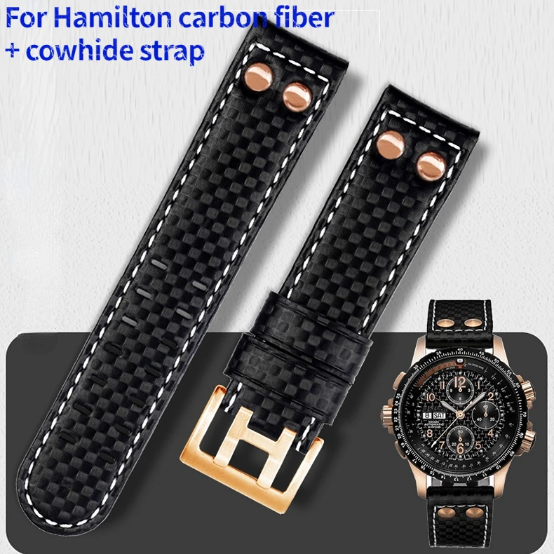 Rose gold rivet Wrist band For Hamilton Khaki aviation Strap H77696793 H7736733 Carbon fiber leather watchband accessories 22mm