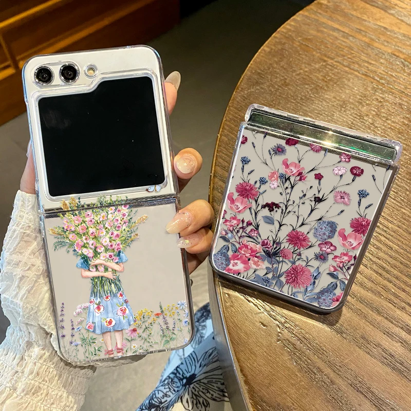 For Samsung Galaxy Z Flip6 Flip5 Flower Print Case Clear Hard PC Luxury Shockproof Folding Cover For Samsung Z Flip 6 5 4 3 5G