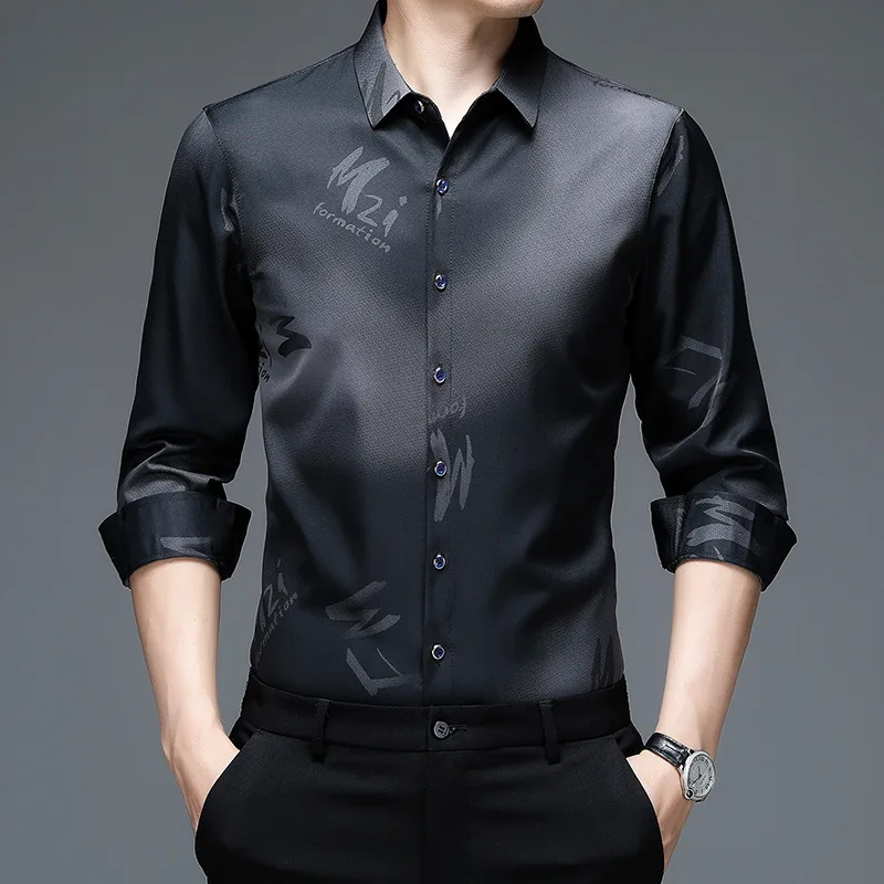 Chemise boutonnée imprimée à manches longues pour hommes, chemises d'affaires décontractées, revers, mode coréenne, haute qualité, bureau en Y, printemps, automne