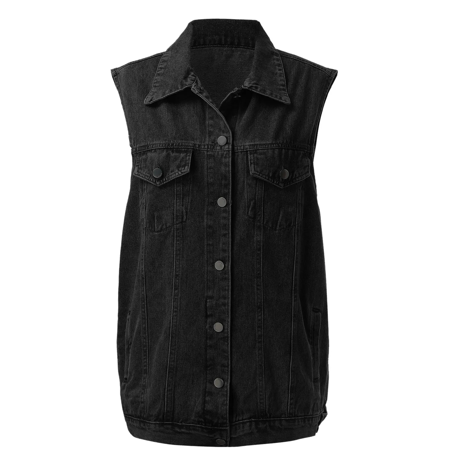 Casaco feminino de comprimento médio Denim Vest, Turn Down Collar, Button Down Outerwear, Jaqueta sem mangas, Moda