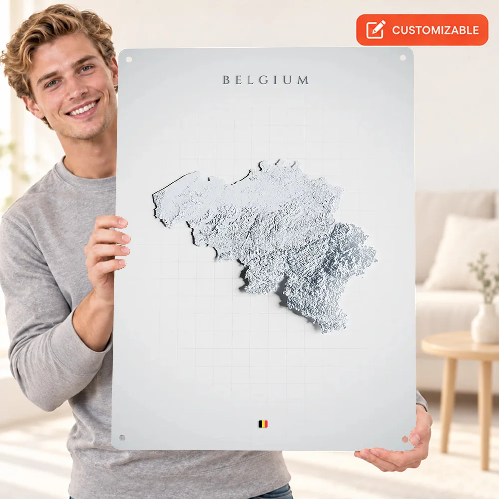 Belgium Terrain Map Aluminum Poster Customized Metal Sign White Relief Effect Wall Art For Library Traveler Housewarming Gift
