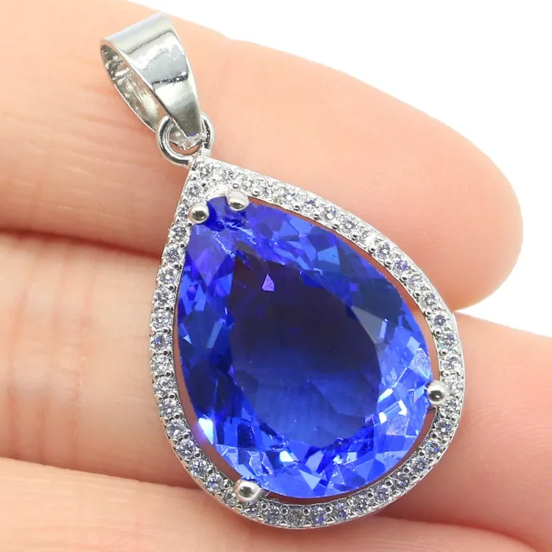 

7g Real 925 Solid Sterling Silver Pendant Drop Shape Iolite Smoky Violet Topaz Morganite Kunzite Violet Tanzanite CZ Daily Wear