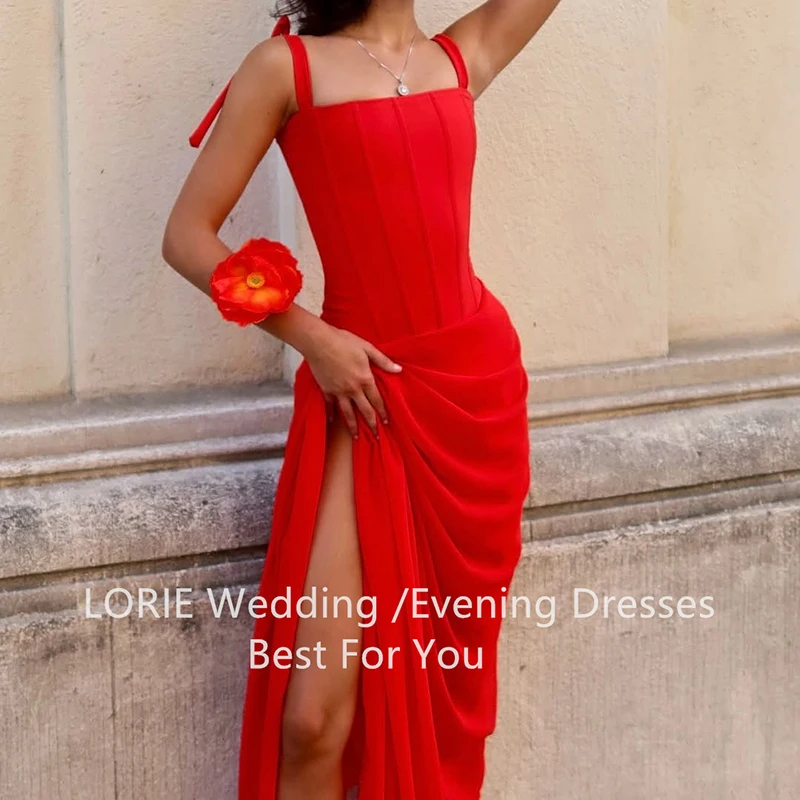

LORIE Red Sexy Side Slit Evening Dresses Spaghetti Strap Pleat Party Dress Charming Chiffon Asymmetrical Prom Gowns Customized