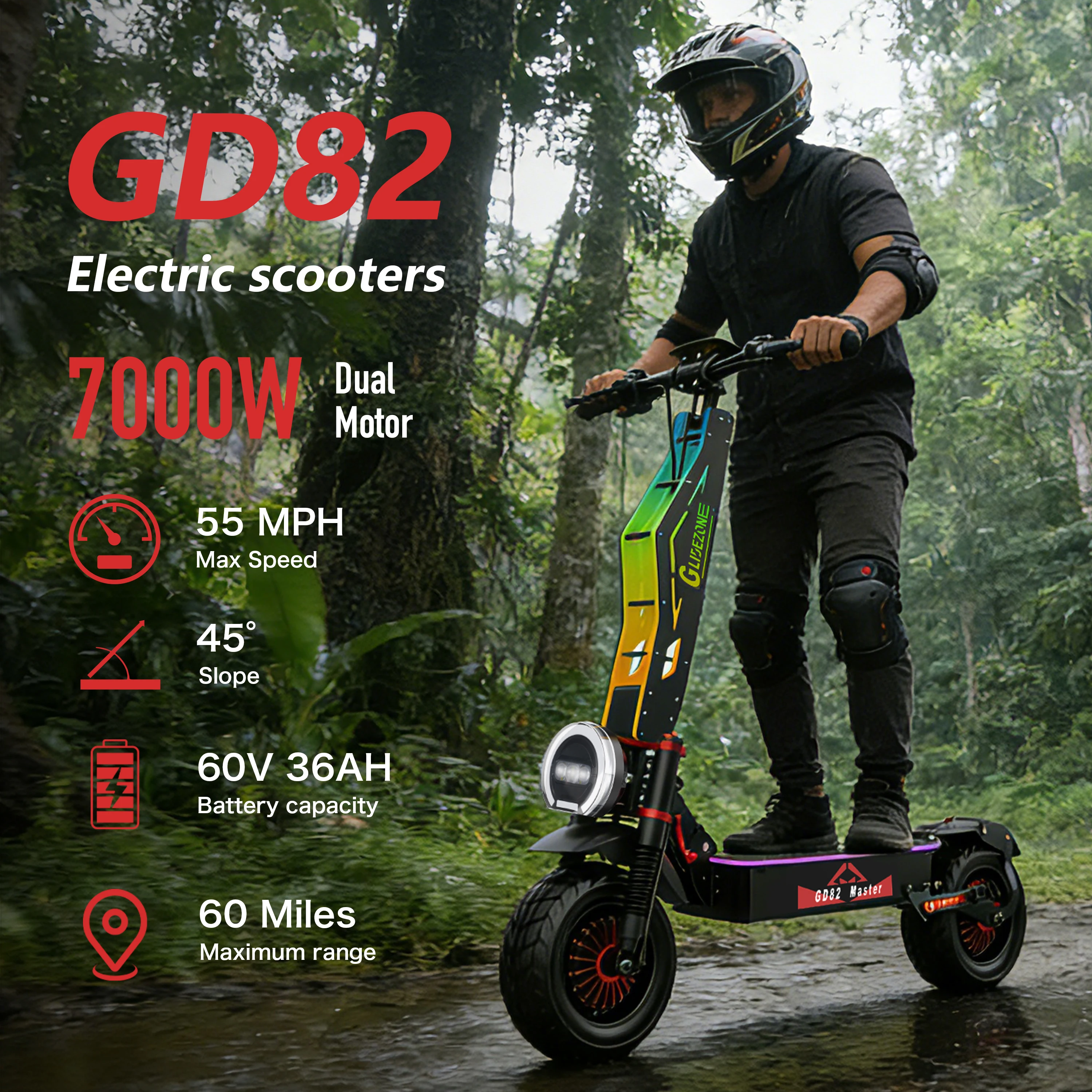 

REDDYDY GD82 Electric Offroad Scooter 60V 36Ah High capacity Battery 60 Miles Long Range 55MPH 3500W*2Dual motor 11'' Off-Road