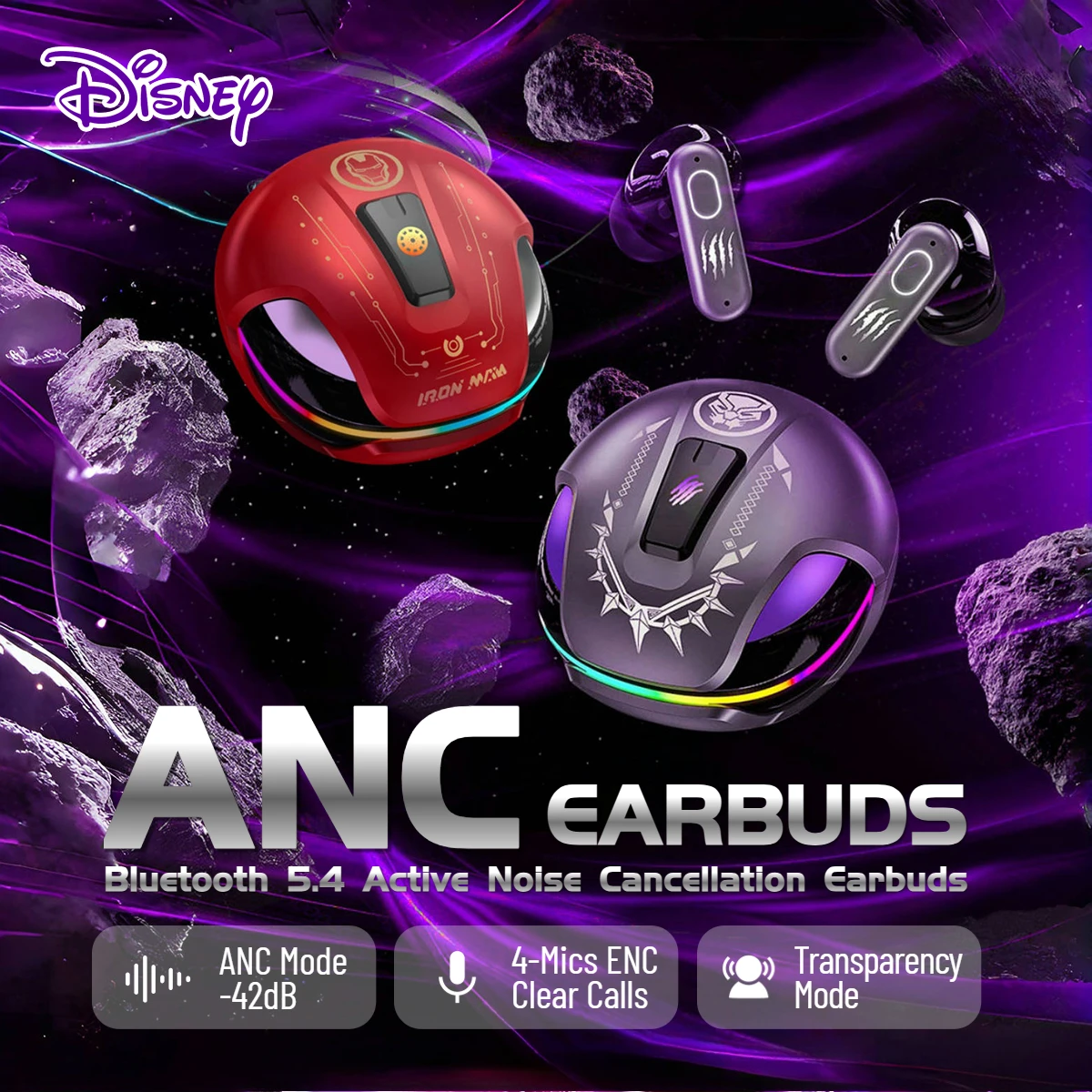 Disney Marvel ANC Bluetooth Earphone 42dB Active Noise Canceling Bluetooth 5.4 Headphone 4-Mics ENC HD Call TWS Wireless Earbuds