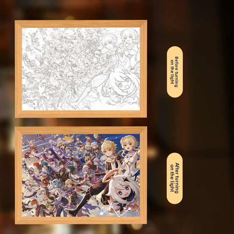 23cm/9.06in Genshin Impact Mirror Light Painting Night Game Group Photo Peripherals Bedroom Decoration Collectible Desk Display