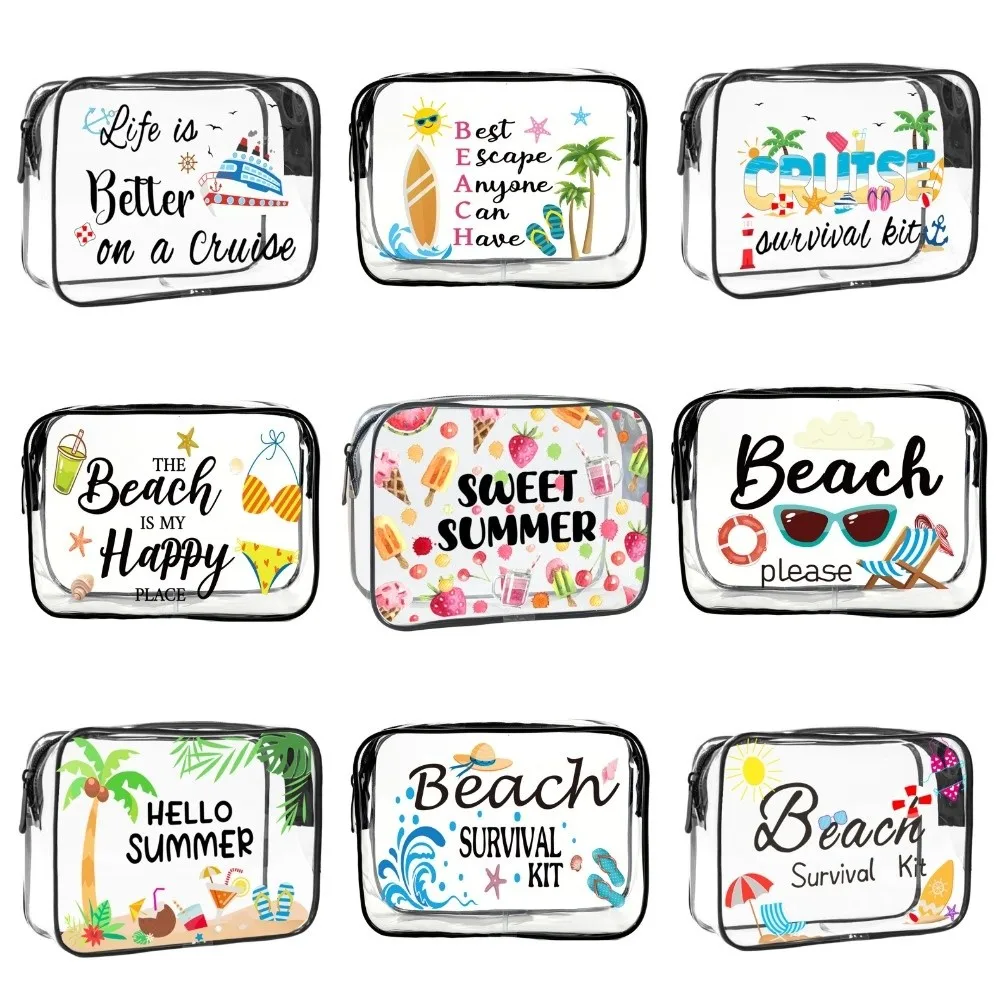 Bolsa de maquiagem portátil de grande capacidade, bolsa de cosméticos moderna, tema de praia visível, bolsa de armazenamento multifuncional para mulheres