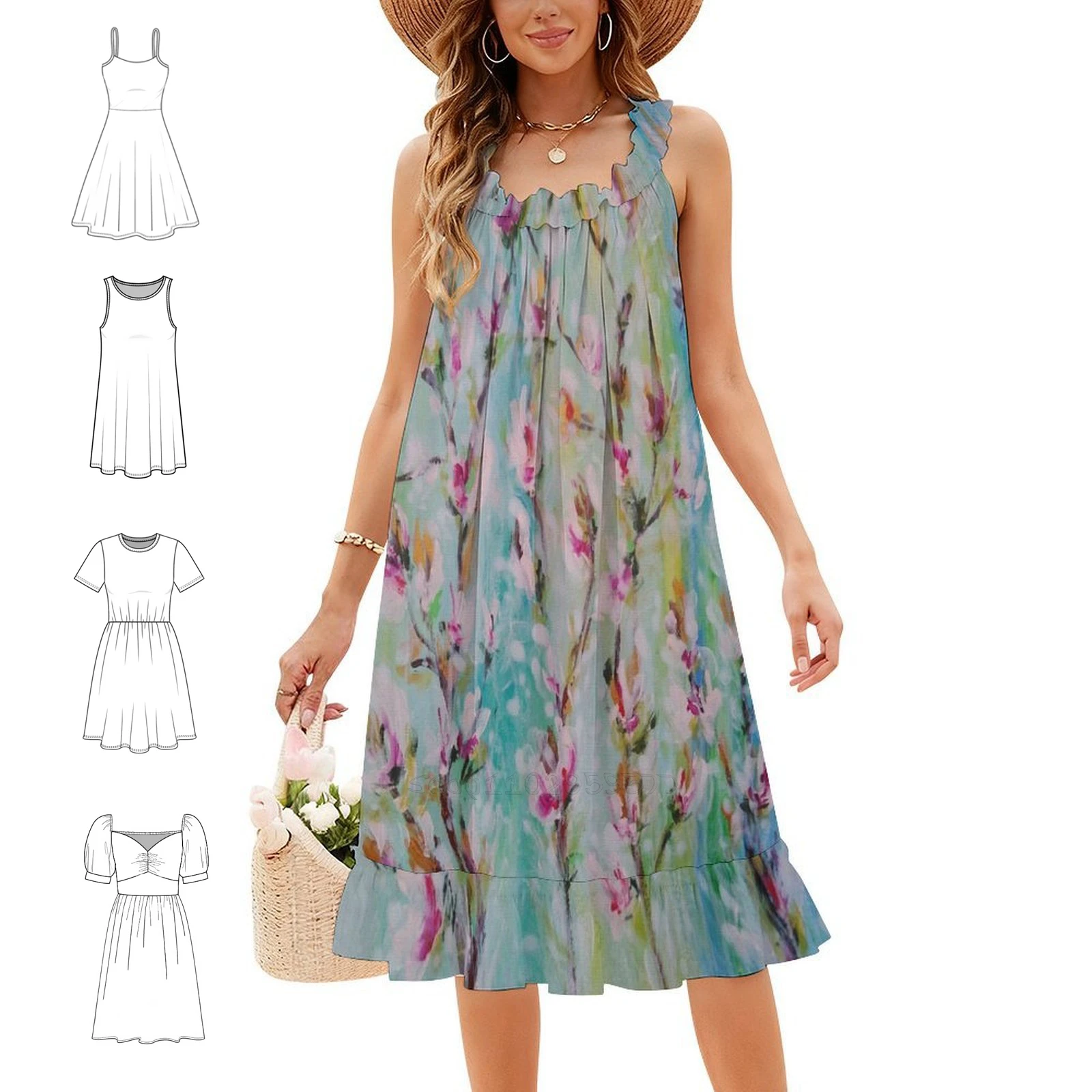 Magnolia 2 Vintage Bohemian Dress Puff Sleeve Or Sleeveless Options For Women Dress Magnolia Flowes Floral Blossom Spring Dress