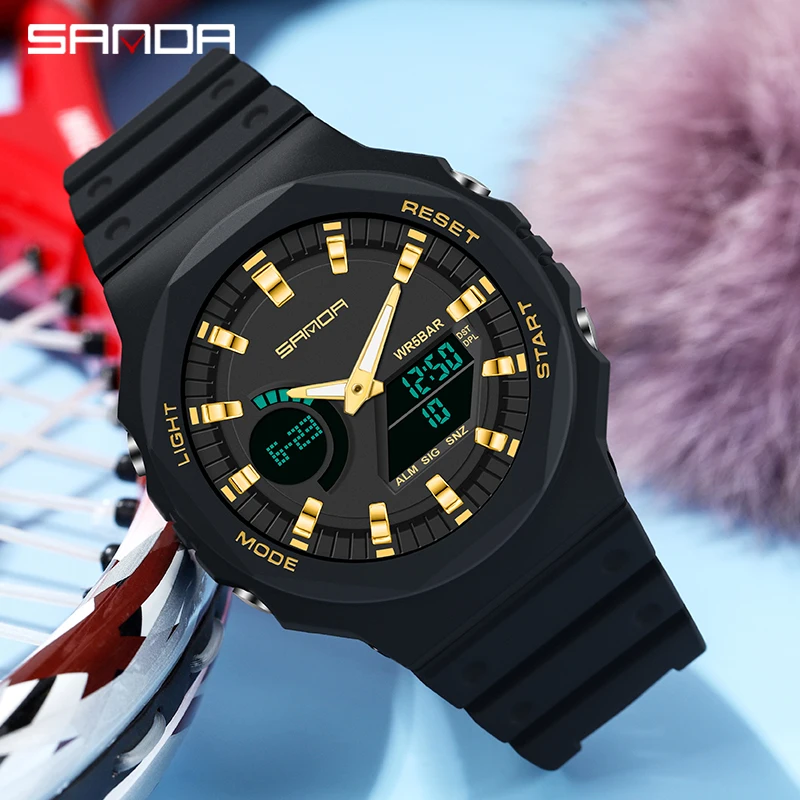 SANDA 6016 New Sports Casual  Mens Watch Chronograph Running 50M Waterproof LED Noctilucent Dual Display Quartz Mens Watches