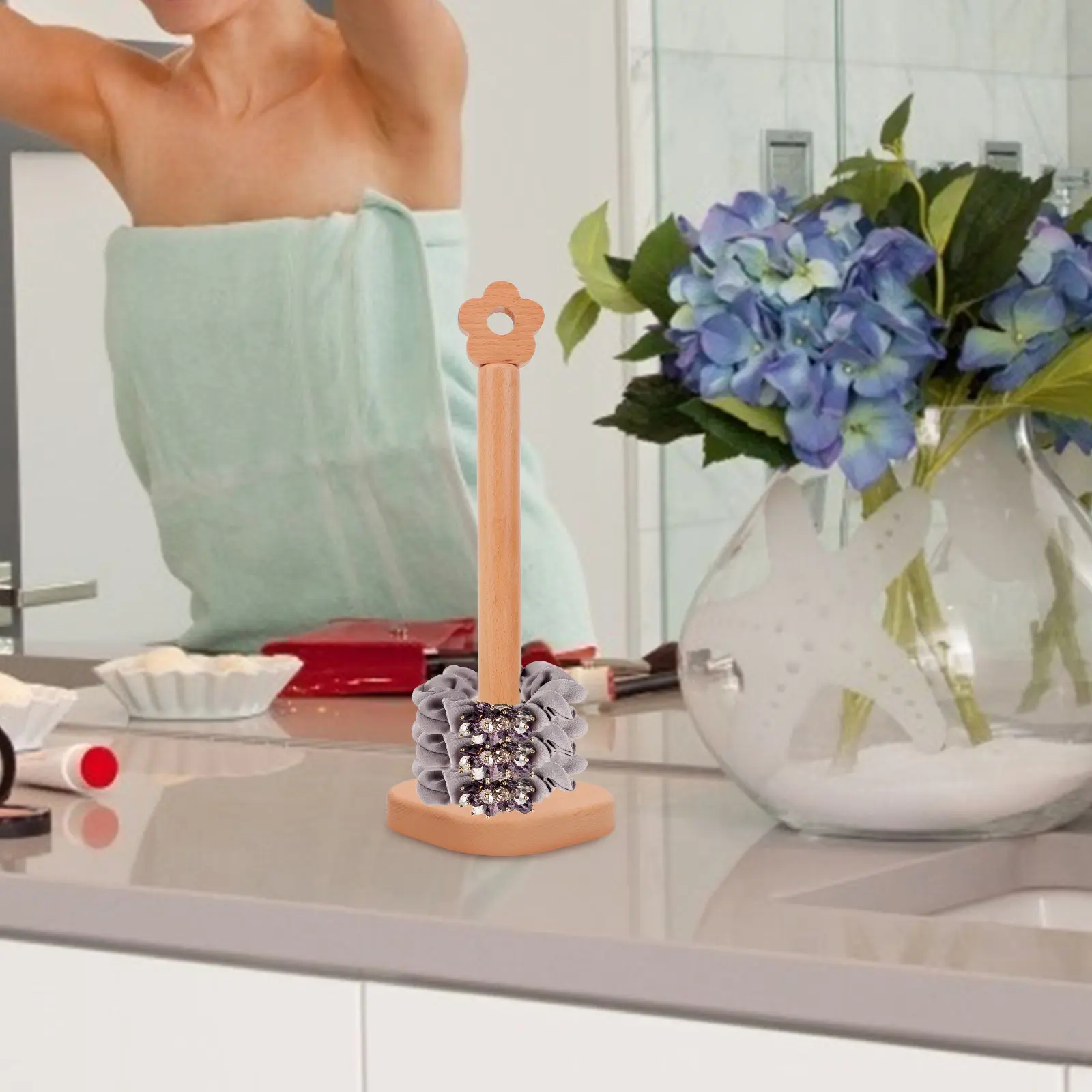 

Wooden Scrunchies Holder Jewelry Display Stand Hair Tie Organizer Vertical Storage Rack For Home Decorative Use Beige