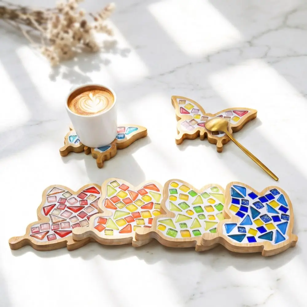 Mixed Color DIY Mosaic Coaster Bamboo Butterfly Shape Coaster Making Kit Non-Slip Thermal Insulation Handmade Drinkware Tray