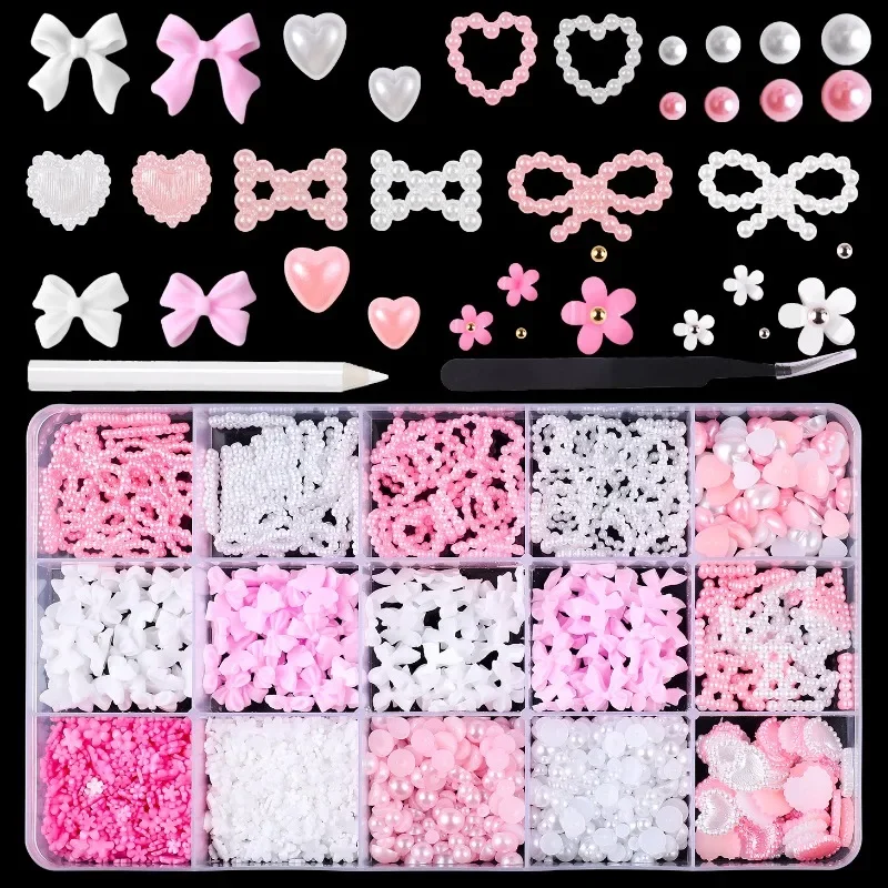 15grid/box Jewelry DIY Nail Art Accessories Mixed Bow Ribbon Nail Art Resin Charms Five-petal Flower Hollowed Out Pearl Set