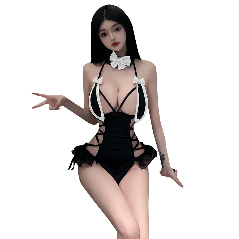 Lencería Sexy de chica conejo, uniforme de sirvienta de gato calado de encaje bonito, tentación, pasión, puro deseo, ropa interior erótica muy caliente para mujer