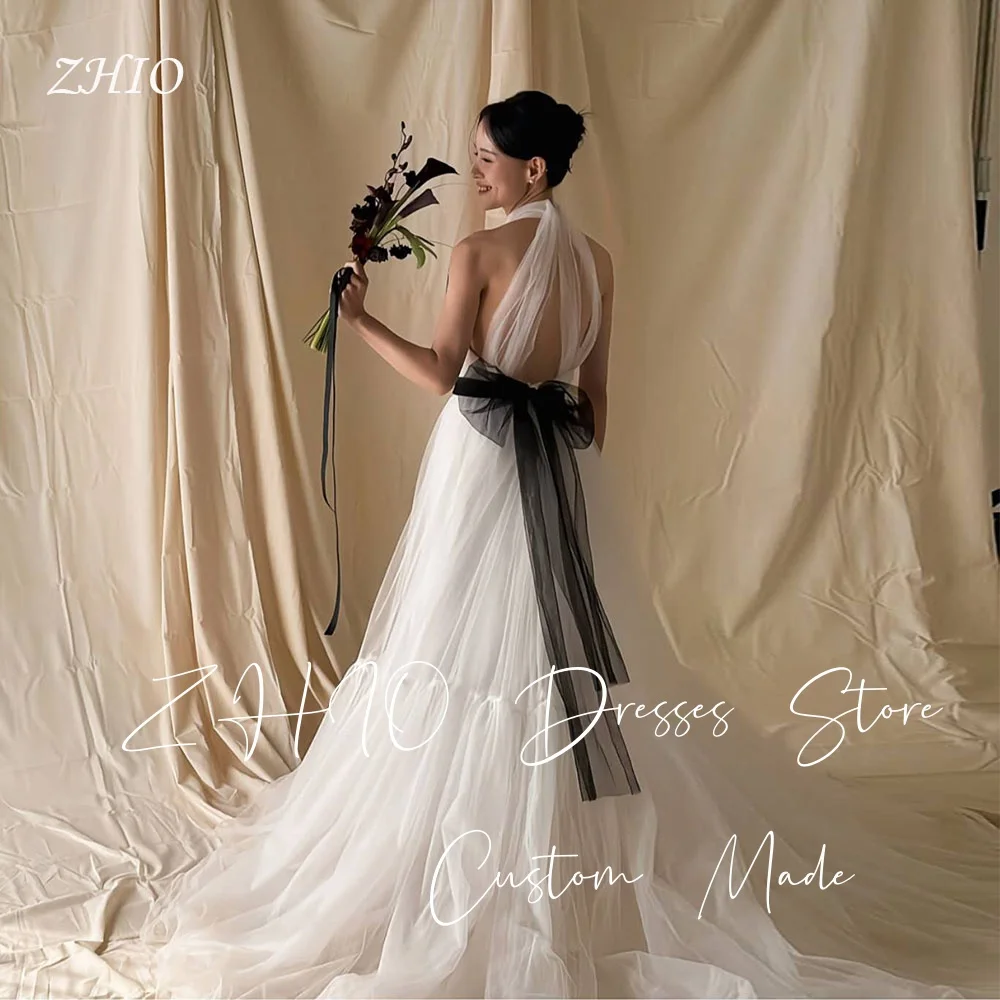 ZHIO Classic Illusion Wedding Dress Halter Sleeveless A-Lin Ribbons White Tulle Korea Photo Shoot Bridal Gown Customized