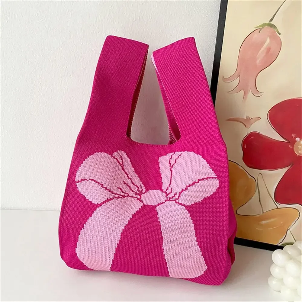 Modne damskie torby na palce w kształcie kokardki Casual Sweet Girl Knit Bow Bags for Shopping Handmade Casual Wrist Bag Girls Storage Bag