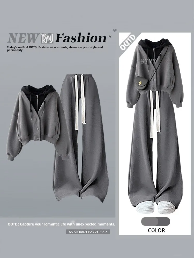 

Casual Hoodie Sweatirt Women's Autumn Winter New Korean Sle Long Pants Two-Piece Set Design Sense Fake Two-Piece