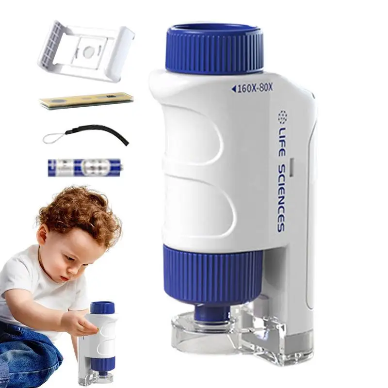 Handheld Microscope 80-160X HD Kids Mini LED Lighted Microscope Anti Blue Light Microscope For Beginners Early Educational Toy